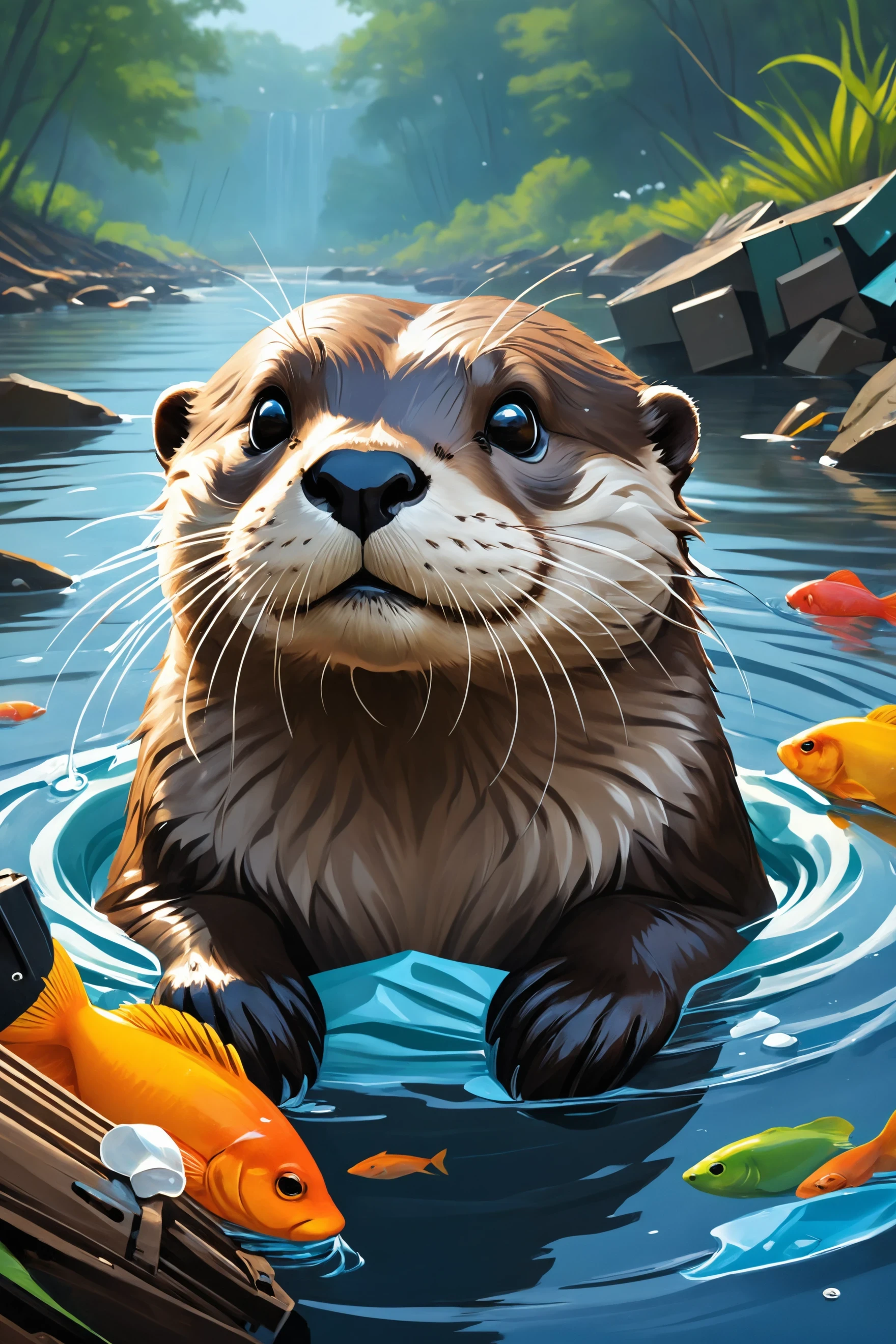 amazing quality, masterpiece, best quality, hyper detailed, ultra detailed, UHD, perfect anatomy, portrait, dof, hyper-realism, majestic, awesome, inspiring, Captured in the midst of a serene swim, this adorable fluffy otter basks in the tranquility of its natural habitat midst colorful trash. However, a stark reality unfolds as the river it calls home is marred by pollution, trash and debris. This poignant image serves as a stark reminder of the urgent need to protect our waterways and preserve the delicate ecosystems they support. ,
superficial,
, , digital painting, medium shot, sharp focus, , , analytical art, ,