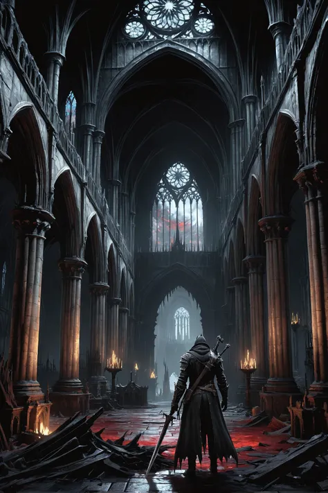 open world rpg game style arafed image of a man standing in a ruined cathedral, bloodborne cathedral, dark gothic cathedral, concept art. 8 k, in style of dark souls 3, dark cinematic concept art, 8k concept art, 8 k concept art, 4k concept art, 4 k concept art, 8k hd concept art, bloodborne concept art, concept art 4 k . expansive worlds, character customization, quest driven