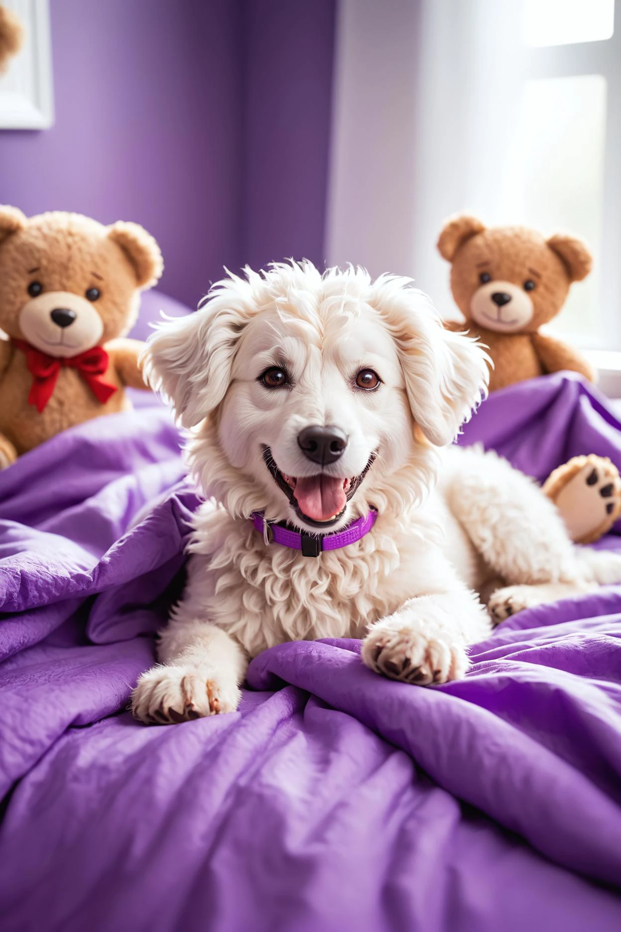 travel photoshoot, adventurous, scenic, cultural, vibrant the image features a white, curly haired dog lying on a bed covered in purple sheets. the dog is resting comfortably with its eyes closed and a smile on its face. it appears to be enjoying the warmth of the room and the softness of the bed. in the background, there are two teddy bears positioned next to each other. one of the teddy bears is slightly larger than the other. they are placed behind the dog, adding a sense of companionship and playfulness to the scene. the overall style of the image suggests a cozy and relaxed atmosphere, likely taken inside a home setting. the presence of the teddy bears implies that the owner might have a playful side or that they value comfort and warmth for their furry friend.
