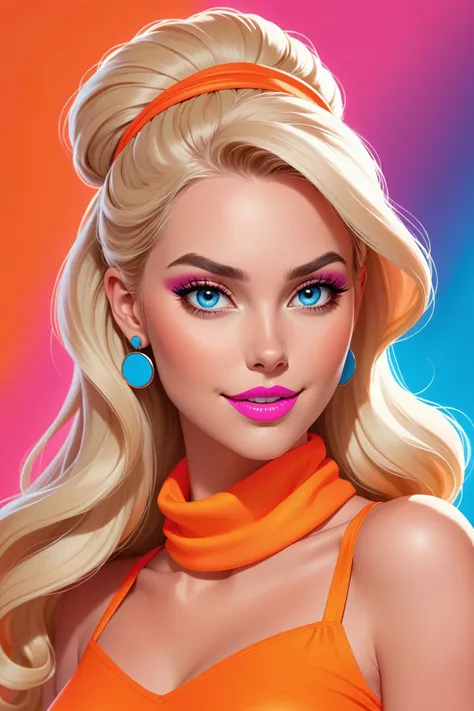 comic the image portrays a 24 year old adult woman with blonde hair, blue eyes, and pink lipstick. she is wearing a vibrant neon orange outfit that catches the eye. the background is a gradient of colorful hues, creating an energetic and lively atmosphere. inspired by this image, you could create a range of neon colored accessories, such as earrings, bracelets, or headbands, to match her outfit. these accessories could be designed in shades of orange, yellow, blue, and green, capturing the essence of the color gradient seen in the background. additionally, you could offer a neon colored makeup palette featuring shades like neon orange, blue, and purple to help recreate her bold look. a set of neon colored nail polish options would also be appealing, allowing users to express their unique style inspired by the image. finally, a printed scarf or wrap featuring the same gradient pattern from the background would add a fashionable touch to any outfit, tying the entire ensemble together. . graphic illustration, comic art, graphic novel art, vibrant, highly detailed