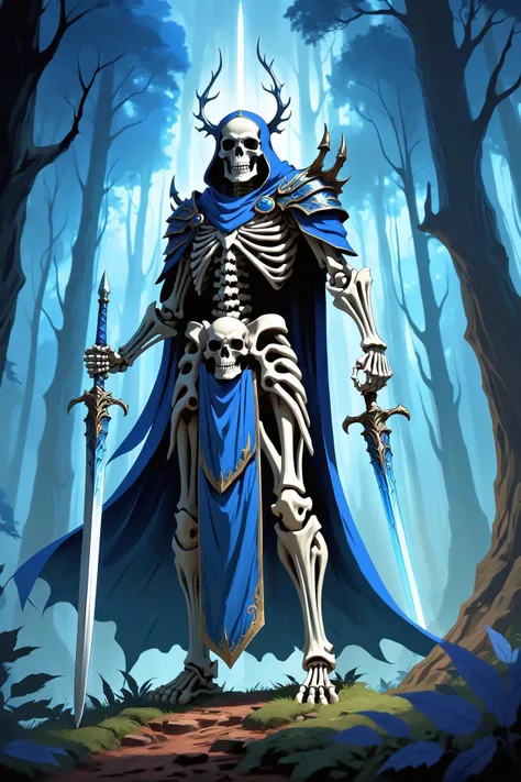 in the depths of a mystical forest, a towering skeleton warrior stands resolute. the warrior, clad in an elegant blue cape and wielding a gleaming sword and spear, exudes an air of formidable power. tall trees loom in the background, their branches reaching upwards as if paying homage to the skeletal figure. a radiant aura envelops the warrior, casting an ethereal glow that illuminates the surrounding foliage. this breathtaking scene is a testament to the grandeur and intrigue found within this video game world.