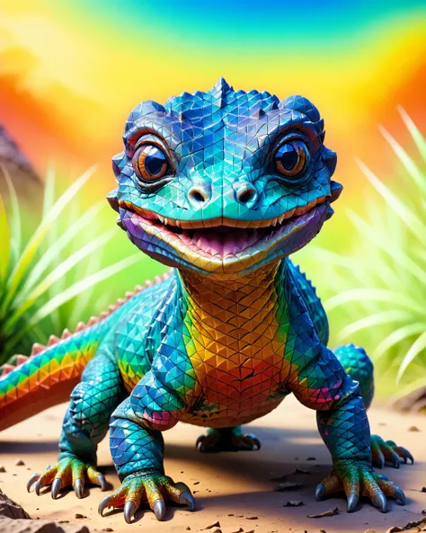 psychedelic style extreme close up of an adorable cute happy baby komodo dragon, big eyes,  dynamic playful pose, mad-triangle skin, rim lighting,  grassland, jungle background, <lora:great_lighting:0.8> <lora:detailed_notrigger:0.6> > <lora:Colorful_Triangle_SDXL_v2:1> . vibrant colors, swirling patterns, abstract forms, surreal, trippy
