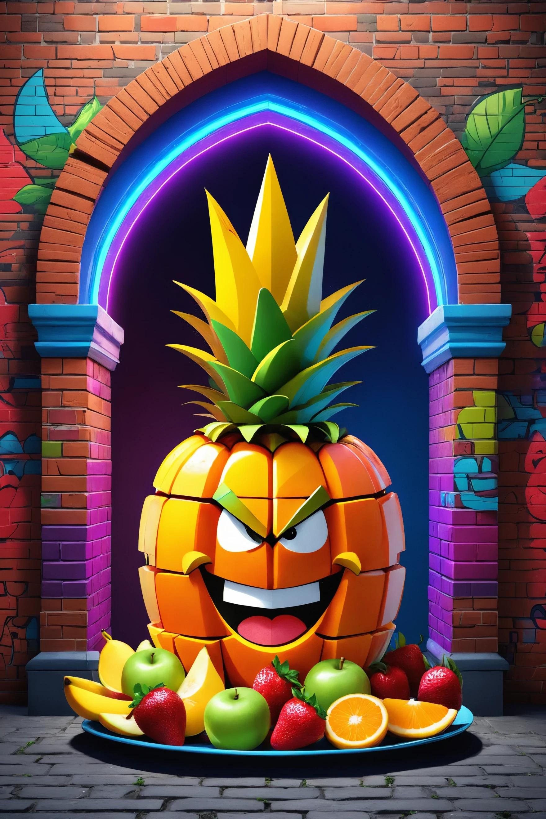 a legendary fruit castle in a fruit kingdom made of made of ral-fruitsalad, intricate details, masterpiece, best quality, colorful, background of a London style brick wall, graffiti, neon lights,,
grumpy,
, , , , , focused, cgsociety, analytical art, detailed,