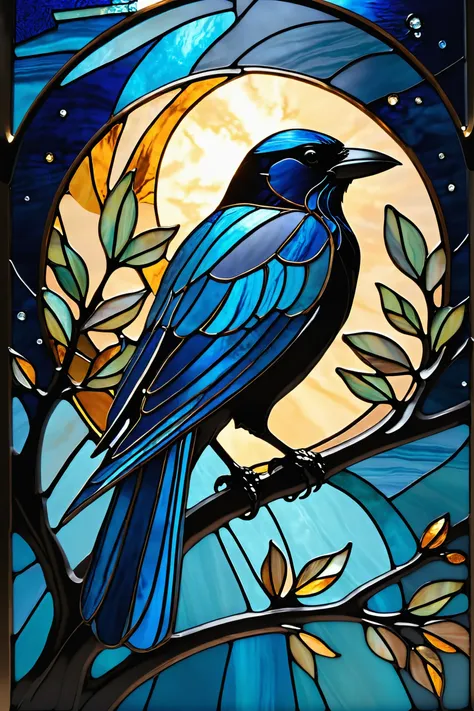 masterpiece, artisanal handcrafted stained glass ornament, stylized crow perched on branch, moonlit nightsky, stained glass aesthetic, moody whimsical color palette, murano glass, bold soldering lines, volumetric light shining through, crepuscular rays, intricate craftsmanship, detailed texture, luminous transparency, reflective light play, vivid hues, atmospheric depth, enchanting silhouette, art nouveau flair, art deco elements,
serious,
, masterpiece, digital painting, , , focused, cgsociety, analytical art, detailed,