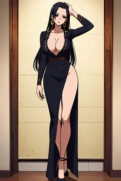 ((masterpiece, best quality, ultra-detailed)),
AWutest,boa hancock,1girl,breasts,black hair,jewelry,earrings,large breasts,long hair,solo,legs,long legs,shoes,black eyes, standing, full body, looking at screen, NSFW