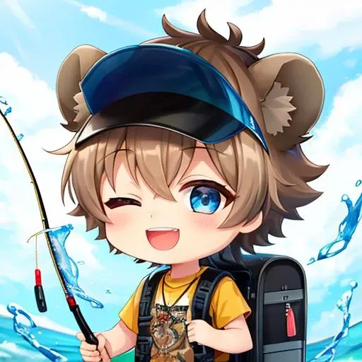 1boy, Ruggie, chibi,male focus, animal ears, fish, one eye closed, shorts, brown hair, blue eyes, smile, open mouth, water, bag, backpack, bear ears, outdoors, fishing, fishing rod, holding, solo, hat, looking at viewer, visor cap, day