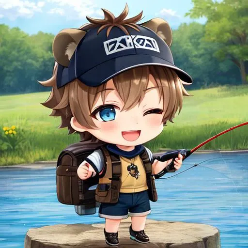 1boy, Ruggie, chibi,male focus, animal ears, fish, one eye closed, shorts, brown hair, blue eyes, smile, open mouth, water, bag, backpack, bear ears, outdoors, fishing, fishing rod, holding, solo, hat, looking at viewer, visor cap, day