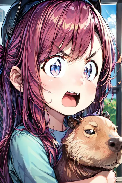 anime girl with purple hair holding a dog in her arms