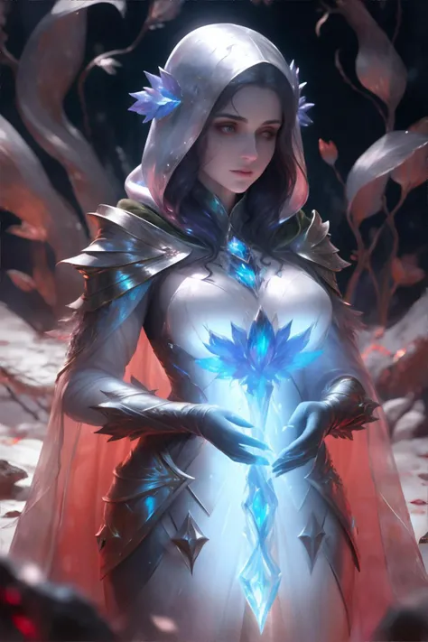 <lora:glassq:0.7>, glass texture, spectral light, woman wearing Sorceress-inspired velvet capes with hood, (scarlet, olive, cream palette), masterpiece, 8k, high resolution, shallow depth of field, sharp focus