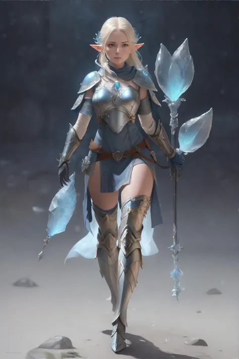 <lora:glassq:0.7>, glass texture, spectral light, woman wearing Elf archer-inspired leather bracers and boots, (navy, apricot, charcoal palette), masterpiece, 8k, high resolution, shallow depth of field, sharp focus