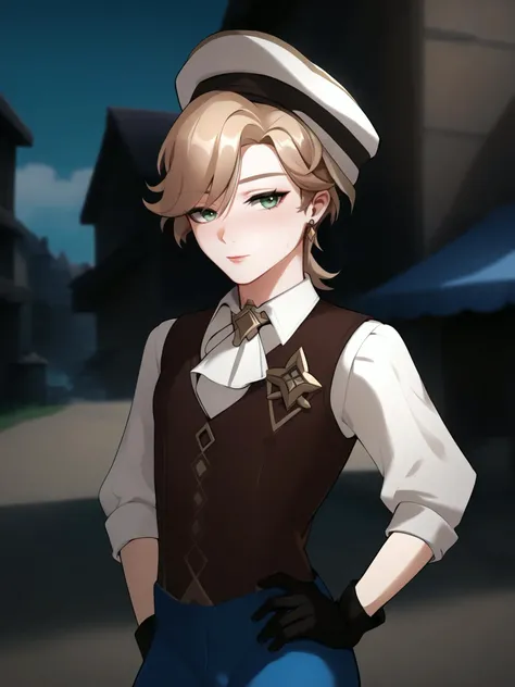 (score 9 up, score 8 up, highest score, highest quality),
<lora:frogzone_art_Artist_Style_PonyXL:1>, femboy, Lyney from genshin impact, hat, vest,