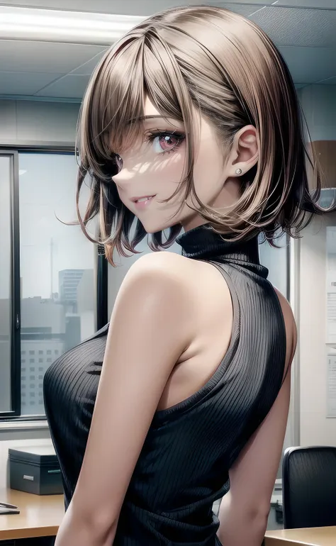 1girl, from behind, looking back, short hair, brown hair, pink eyes, white shirt, black sweater, sleeveless turtleneck, bare shoulders, bare arms, open mouth, smile, indoors, office