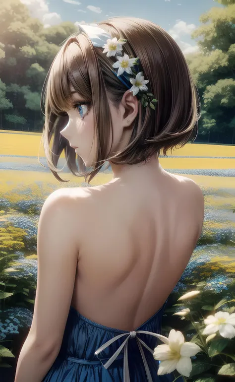 1girl, from behind, looking back, short hair, brown hair, blue eyes, light blue dress, strapless dress, bare shoulders, bare arms, bare back, nape, nature, flower field, blue sky, sunlight