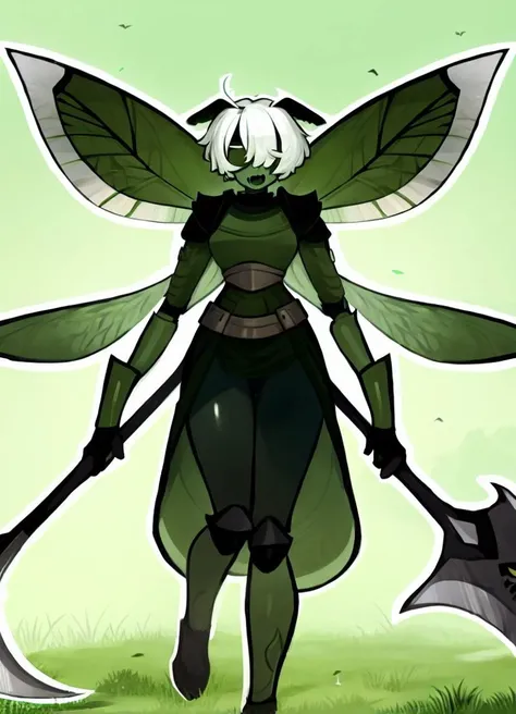 masterpiece,
matilda_fiship_new,<lora:matilda_fiship-43:1>,
1girl, solo,short hair, covered eyes, arthropod girl, arthropod limbs, monster girl, white hair, insect wings, thin waist, armor, armored dress, (green skin, green arms), holding scythe, colored skin, fang, scythe, hidden eyes, green theme, black armor
