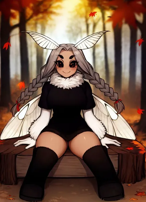 masterpiece,
matilda_fiship_new,<lora:matilda_fiship-43:1>,
1girl, solo,very long hair, braid, twin braids, moth girl, antennae, white hair, looking at viewer, smile, sitting, closed mouth, grey hair, outdoors, wings, scarf, fur trim, thick eyebrows, monster girl, nature, forest, colored sclera, fur collar, black sclera, autumn leaves, white pupils, extra arms, autumn, arthropod girl, falling leaves, fur-trimmed boots, insect wings, tree stump, log