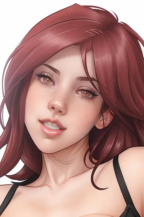 there is a woman with red hair posing for a picture, red hair and freckles, ginger hair with freckles, with red hair, with curly red hair, red head, red dyed hair, red hair, red hair and attractive features, bright red hair, soft red hair, ginger hair, red haired goddess, redhead girl, profile image, fiery red hair