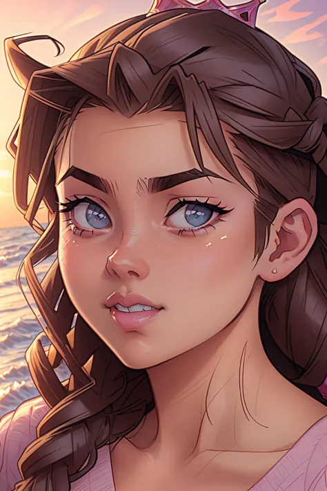 Comic art by DEN_melkorMK2, portrait of 1girl solo, (Dutch Braid Crown with Loose Waves:1.2), headshot, face focus, shadows, Timid, perfect eyes, beautiful eyes,
Sunset over a tranquil beach,
masterpiece, immaculate, highly detailed, detailed,