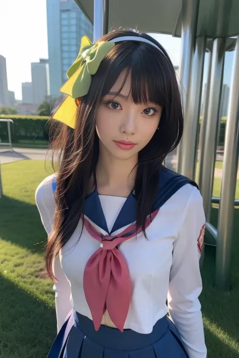 ultra-detailed,highly detailed,best quality,masterpiece,illustration,realistic,
nakamura yuri,1girl, cosplay, solo, green eyes,
shinda sekai sensen uniform, hairband, hair bow, serafuku, sailor collar, long sleeves, neckerchief,pleated skirt,
male focus,
long hair, bangs,
looking at viewer, dynamic pose,
outdoors, photo background, school,courtyard, playground,
<lora:nakamura yuri_t1_03:0.7>