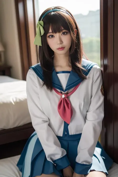 ultra-detailed,highly detailed,best quality,masterpiece,illustration,realistic,
nakamura yuri,1girl, cosplay, solo, green eyes,
shinda sekai sensen uniform, hairband, hair bow, serafuku, sailor collar, long sleeves, neckerchief,pleated skirt,
male focus,
long hair, bangs,
looking at viewer, dynamic pose,
indoors, photo background, bedroom,east asian architecture, bed,window,curtains,
<lora:nakamura yuri_t1_03:0.7>