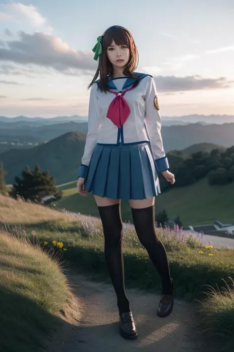 ultra-detailed,highly detailed,best quality,masterpiece,illustration,realistic,
nakamura yuri,1girl, cosplay, solo, green eyes,
shinda sekai sensen uniform, hairband, hair bow, serafuku, sailor collar, long sleeves, neckerchief,pleated skirt, kneehighs, loafers,
male focus,
long hair, bangs,
looking at viewer, dynamic pose,
outdoors,grass, rock, dawn, photo background, sky,nature, mountaintop, sunrise, skyline,cloud,
<lora:nakamura yuri_t1_03:0.7>