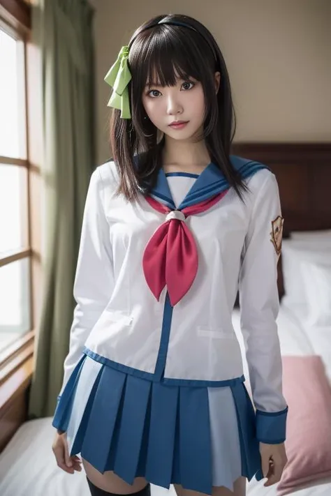 ultra-detailed,highly detailed,best quality,masterpiece,illustration,realistic,
nakamura yuri,1girl, cosplay, solo, green eyes,
shinda sekai sensen uniform, hairband, hair bow, serafuku, sailor collar, long sleeves, neckerchief,pleated skirt, 
male focus, 
long hair, bangs, 
looking at viewer,   dynamic pose, 
indoors, photo background, love hotel,hotel room, bed,window,curtains,  
<lora:nakamura yuri_t1_03:0.7>