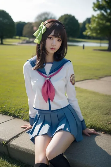 ultra-detailed,highly detailed,best quality,masterpiece,illustration,realistic,
nakamura yuri,1girl, cosplay, solo, green eyes,
shinda sekai sensen uniform, hairband, hair bow, serafuku, sailor collar, long sleeves, neckerchief,pleated skirt, kneehighs,
male focus,
long hair, bangs,
looking at viewer, sitting,
outdoors,grass, rock, day, photo background, sky,
<lora:nakamura yuri_t1_03:0.7>