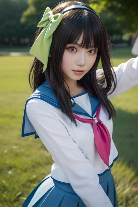 ultra-detailed,highly detailed,best quality,masterpiece,illustration,realistic,
nakamura yuri,1girl, cosplay, solo, green eyes,
shinda sekai sensen uniform, hairband, hair bow, serafuku, sailor collar, long sleeves, neckerchief,pleated skirt,
male focus,
long hair, bangs,
looking at viewer, dynamic pose,
indoors, photo background, school,classroom, table,window,curtains,
<lora:nakamura yuri_t1_03:0.7>