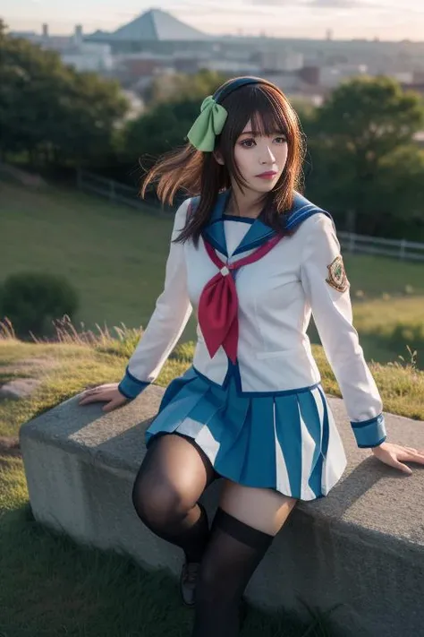 ultra-detailed,highly detailed,best quality,masterpiece,illustration,realistic,
nakamura yuri,1girl, cosplay, solo, green eyes,
shinda sekai sensen uniform, hairband, hair bow, serafuku, sailor collar, long sleeves, neckerchief,pleated skirt, kneehighs, loafers,
male focus,
long hair, bangs,
looking at viewer, dynamic pose,
outdoors,grass, rock, dawn, photo background, sky,nature, mountaintop, sunrise, skyline,cloud,
<lora:nakamura yuri_t1_03:0.7>