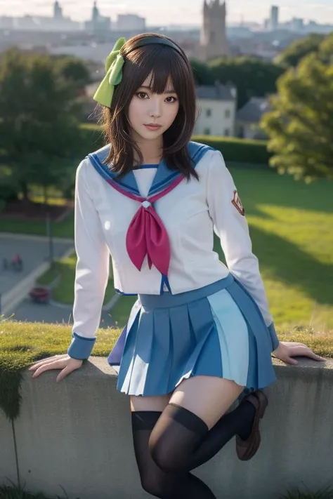ultra-detailed,highly detailed,best quality,masterpiece,illustration,realistic,
nakamura yuri,1girl, cosplay, solo, green eyes,
shinda sekai sensen uniform, hairband, hair bow, serafuku, sailor collar, long sleeves, neckerchief,pleated skirt, kneehighs, loafers,
male focus,
long hair, bangs,
looking at viewer, dynamic pose,
outdoors,grass, rock, dawn, photo background, sky,nature, mountaintop, sunrise, skyline,cloud,castle,
<lora:nakamura yuri_t1_03:0.7>