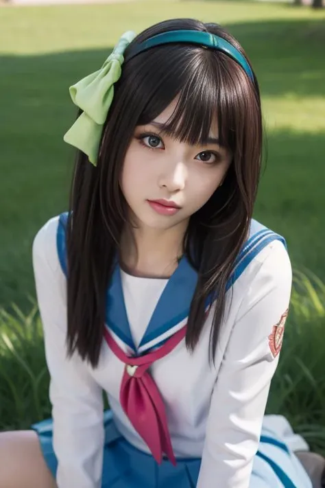 ultra-detailed,highly detailed,best quality,masterpiece,illustration,realistic,
nakamura yuri,1girl, cosplay, solo, green eyes,
shinda sekai sensen uniform, hairband, hair bow, serafuku, sailor collar, long sleeves, neckerchief,pleated skirt, kneehighs,
male focus,
long hair, bangs,
looking at viewer, sitting,
outdoors,grass, rock, day, photo background, sky,
<lora:nakamura yuri_t1_03:0.7>