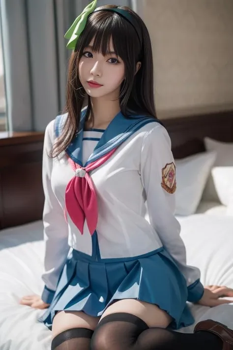 ultra-detailed,highly detailed,best quality,masterpiece,illustration,realistic,
nakamura yuri,1girl, cosplay, solo, green eyes,
shinda sekai sensen uniform, hairband, hair bow, serafuku, sailor collar, long sleeves, neckerchief,pleated skirt, 
male focus, 
long hair, bangs, 
looking at viewer,   dynamic pose, 
indoors, photo background, love hotel,hotel room, bed,window,curtains,  
<lora:nakamura yuri_t1_03:0.7>