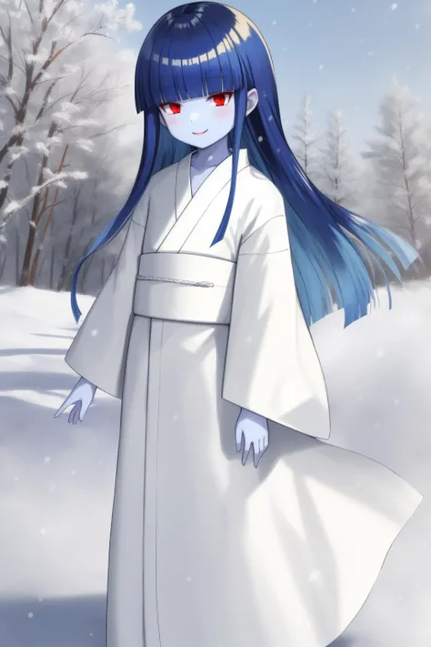score_9, score_8_up, score_7_up, source_anime, 1girl, solo, evil grin, shaded face, glowing eyes, floating, <lora:zs_YukiJyorouXL:1> yukijyorousmt, kimono, long hair, blunt bangs, blue hair, red eyes, colored skin, blue skin, outdoors, snow, bare tree