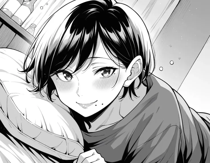 score_9, score_8_up, score_7_up, source_anime,
shinoneechan, <lora:shino-neechan-manga-ponyxl-lora-nochekaiser:1>,
shino neechan, short hair, bangs, monochrome, greyscale, mole, mole under mouth,
indoors, bed, bed room, on side, blush, drunk,
indoors, bent over, smile,
looking at viewer, solo, cowboy shot, dutch angle,