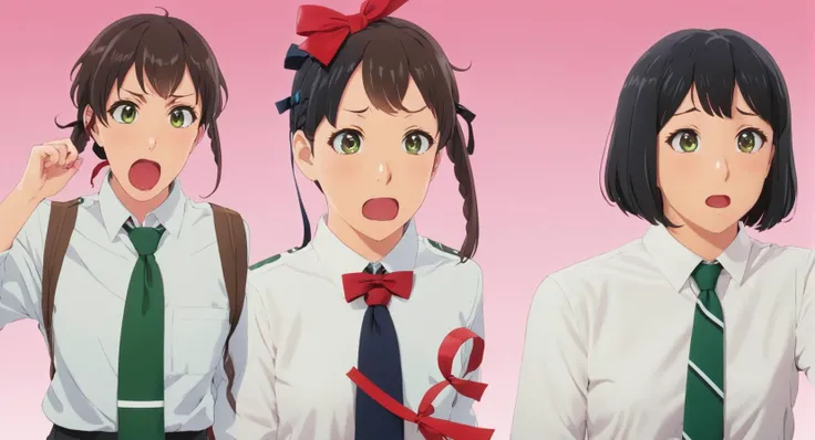 anime artwork of  <lora:Split Screen Style:1> several simultaneous images
two different images of a couple of anime characters with a surprised look,Split Screen Style,1girl,short hair,open mouth,brown hair,shirt,black hair,1boy,bow,ribbon,brown eyes,school uniform,hair ribbon,white shirt,braid,sweat,necktie,collared shirt,indoors,bowtie,sweatdrop,red bow,red ribbon,parody,style parody,green necktie,anime coloring,personality switch,miyamizu mitsuha , division of the screen, half screen, several simultaneous images, anime style, key visual, vibrant, studio anime,  highly detailed