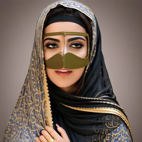 a woman in a black shawl is wearing a gold burga and holding her hand to her face, an arabic woman wearing a gold burga on her face and holding