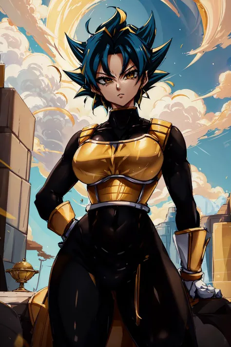 (b4ttl3:1.2),<lora:b4ttl3-fc:1>, midriff, cleavage, yellow hair, black outfit, saiyan armor, bodysuit, armor, sky, moon, space, spikey hair, btpt-fc, <lora:btpt-fc-v2:1>