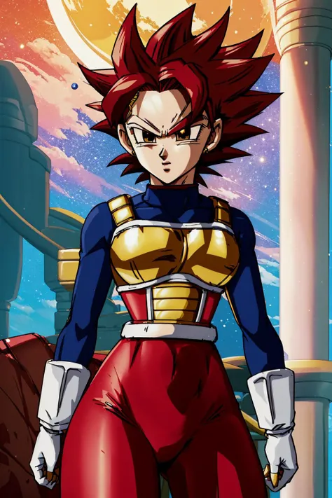 (b4ttl3:1.2),<lora:b4ttl3-fc:1>, midriff, cleavage, red hair, golden outfit, saiyan armor, bodysuit, armor, sky, moon, space, spikey hair, btpt-fc, <lora:btpt-fc-v2:1>, dbsuper style ,<lora:dbsuper_style_offset:1>