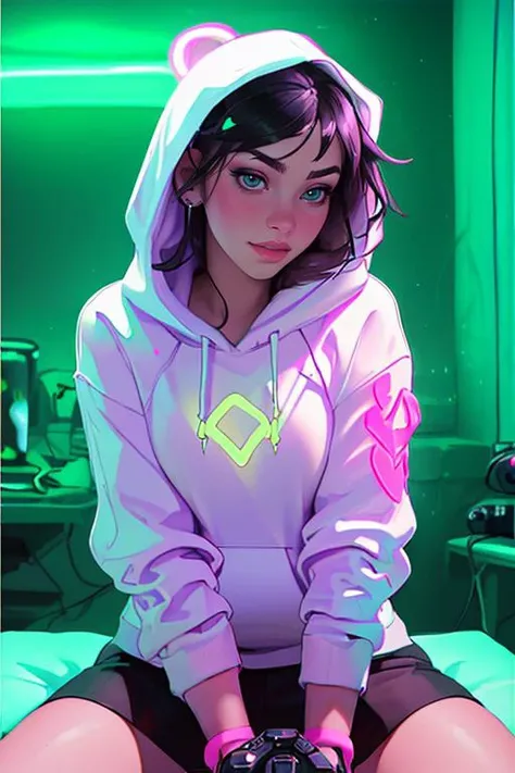 Merger_sweet_esparter,
(sitting at a computer wearing headphones and playing games (holding a controller:1.2) wearing a (hoodie:1.2) in a (neon lit room:1.3), (gamer:1.2), gaming, (gamer girl:1.3), games, (purple lighting, neon:1.2):1.2),
bokeh, f1.4, 40mm, photorealistic, raw, 8k, textured skin, skin pores, intricate details <lora:epi_noiseoffset2:1>, epiCRealism <lora:ClothingAdjuster3:-1>
