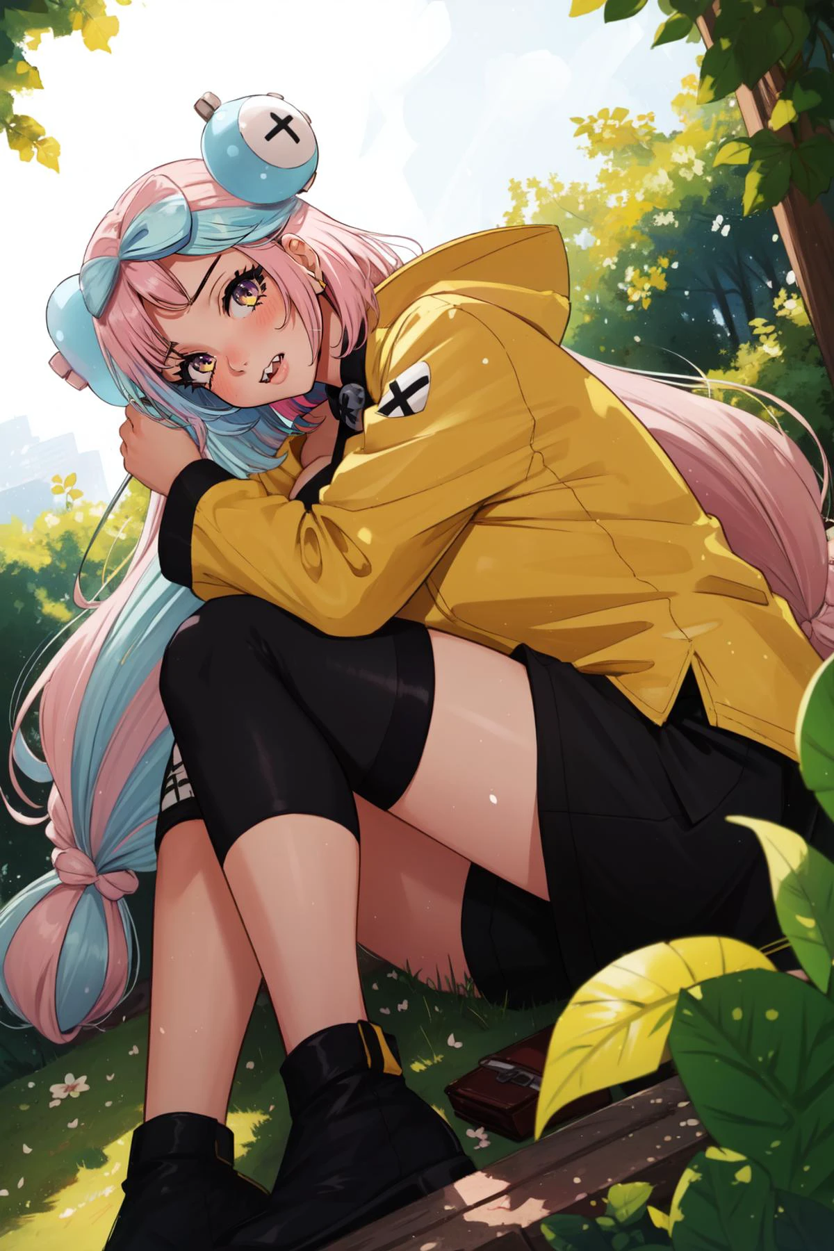 (masterpiece, best quality), intricate details,
1girl, <lora:iono-10:0.8> iono, long hair, bow-shaped hair, pink hair, sharp teeth, low-tied long hair, , iono, long hair, hair ornament, character hair ornament, bow-shaped hair, pink hair, jacket, yellow jacket, sleeves past wrists, sleeves past fingers, sharp teeth, oversized clothes, x, very long sleeves, single leg pantyhose, shirt, low-tied long hair, sleeveless shirt
sweating, fetal position, outdoors, picnic, from above, on side,