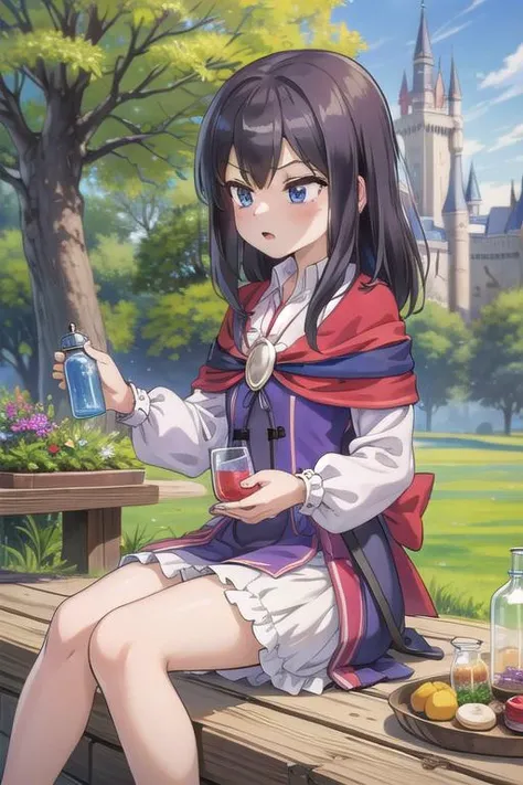 masterpiece, best quality,ultra detail, <lora:anmnr01:0.3> <lora:add_detail:0.5>,<lora:GoodHands-vanilla:0.8>,girl, <lora:#Pkaoru:0.7>,kaoru,middle age,potion,round bottom flask,outdoor,castle
