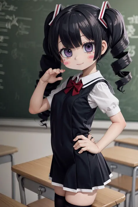 (masterpiece:1.2, best quality), sugisaki miku, highres, 1girl, blush stickers, breasts, closed mouth, dress, black hair, drill hair, very small twin drill, garnet camisole bra, v collared shirt laced, red jacket, belt, patterned pleated skirt, frilled skirt, black thighhighs, hand on own hip, hand up, looking at viewer, puffy short sleeves, puffy sleeves, purple eyes, shirt, short sleeves, sleeveless, sleeveless dress, small breasts, smile, solo, school , classroom, cute, kawaii, beautiful, smile, looking at viewer
