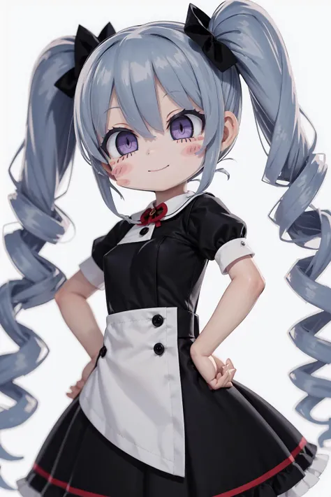 (masterpiece:1.2, best quality), mitsudomoe, sugisaki_miku, highres, 1girl, blush_stickers, breasts, closed_mouth, dress, drill_hair, frilled_dress, frills, hand_on_own_hip, hand_up, looking_at_viewer, puffy_short_sleeves, puffy_sleeves, purple_eyes, shirt, short_sleeves, sleeveless, sleeveless_dress, small_breasts, smile, solo, twin_drills, twintails, cute, kawaii, beautiful, smile, looking at viewer