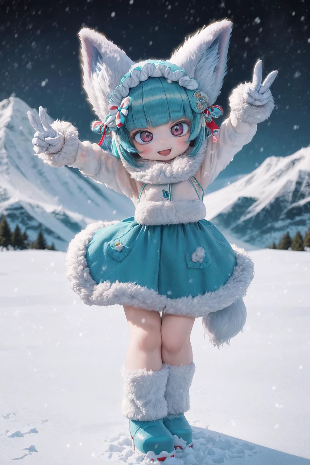 masterpiece,best quality,1 girl, (li,toler:1.5),panorama,
turquoise bobcut, fox in the snow,dance,
night mountain, fur coat,fur gloves,fur headdress,fur boots,peace sign,happy smile, <lora:flat2:-0.5>
