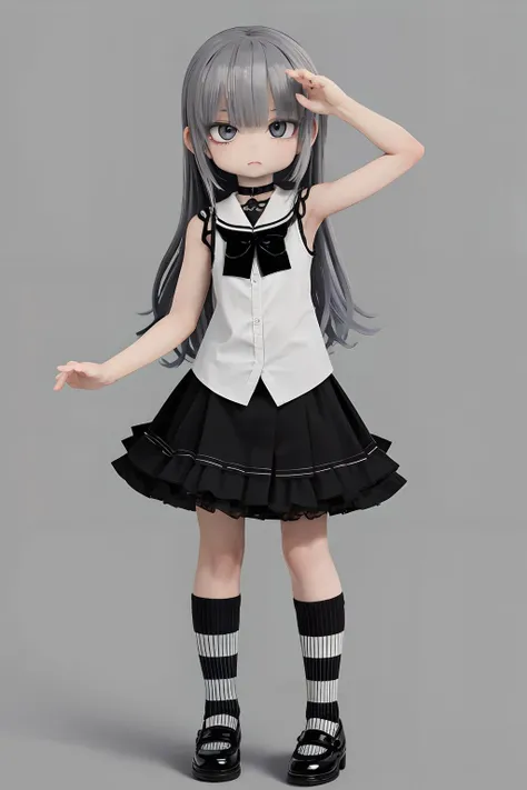 masterpiece, high quality, 1girl, solo, pov,gray eyes, gray hair, jitome, highly detailed beautiful face and eyes, beautiful skin,perfect anatomy, standing, LONG HAIR,
calm,black and white striped knee high socks,Black skirt with white frills ,nothing in hand, nothing in head, nothing in hair, black choker,
sleeveless shirt with ruffles, simle background, black shoes,