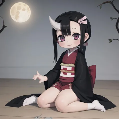masterpiece, 1girl, solo, smile, standing, <lora:kamado_nezuko_offset:1>, demonslayer, chibiusa, nezuko chibiusa, kamado nezuko, hairpin, black hair, kimono, chocker, horn, chibi usa, game cg, full body, SM uniform, full moon, kneeling,