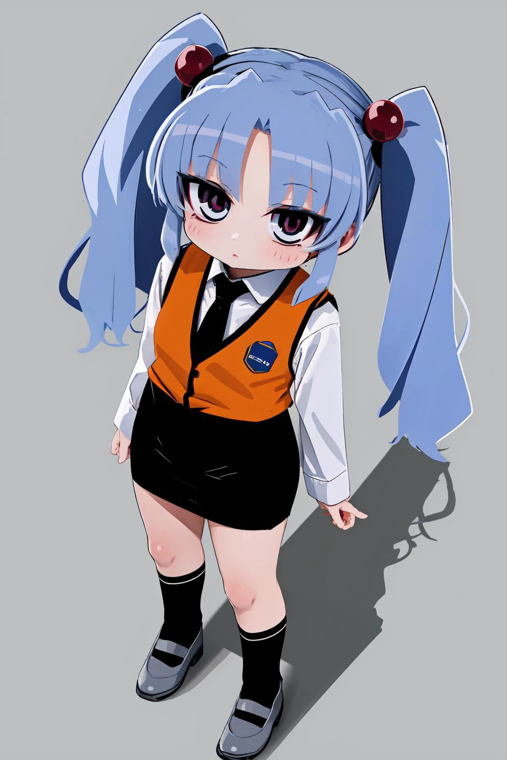 masterpiece, 1girl, solo,
hoshino ruri, twintails, hair bobbles, collared shirt, black necktie, orange vest, pencil skirt, black socks, grey shoes <lora:hoshino_ruri:0.6>, from above, standing