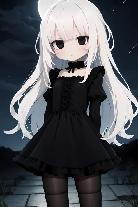 1girl, white hair, expressionless, black eyes, black dress, black tights, hdr, moonlight, stars, night, hairpin, mature