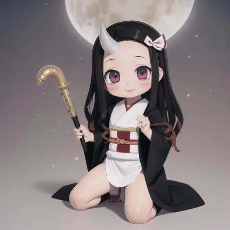 masterpiece, 1girl, solo, smile, standing, <lora:kamado_nezuko_offset:1>, demonslayer, chibiusa, nezuko chibiusa, kamado nezuko, hairpin, black hair with brown tips, kimono, chocker, horn, chibi usa, game cg, full body, SM uniform, full moon, kneeling, photorealistic,