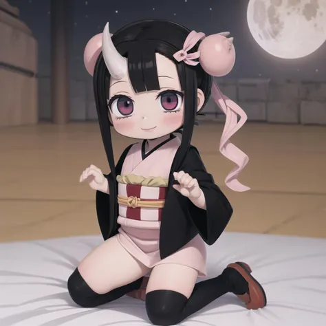 masterpiece, 1girl, solo, smile, standing, <lora:kamado_nezuko_offset:1>, demonslayer, chibiusa, nezuko chibiusa, hairpin, black hair, kimono, chocker, horn, chibi usa, game cg, full body, SM uniform, full moon, kneeling,