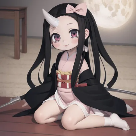 masterpiece, 1girl, solo, smile, standing, <lora:kamado_nezuko_offset:1>, demonslayer, chibiusa, nezuko chibiusa, kamado nezuko, hairpin, black hair, kimono, chocker, horn, chibi usa, game cg, full body, SM uniform, full moon, kneeling,